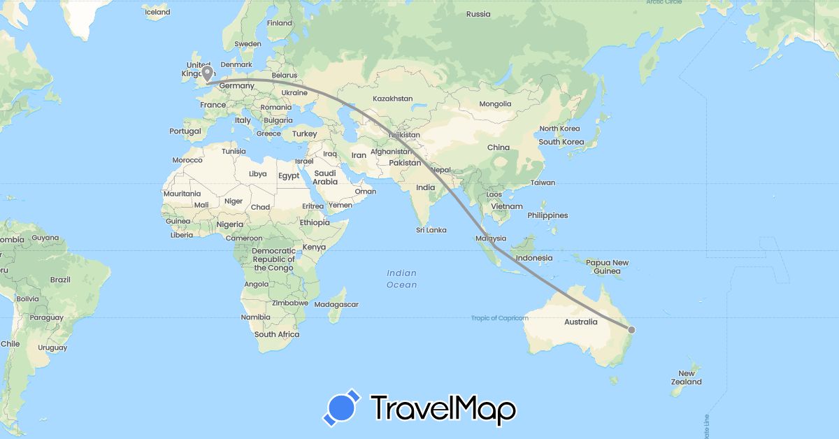 TravelMap itinerary: driving, plane in Australia, United Kingdom, Singapore (Asia, Europe, Oceania)