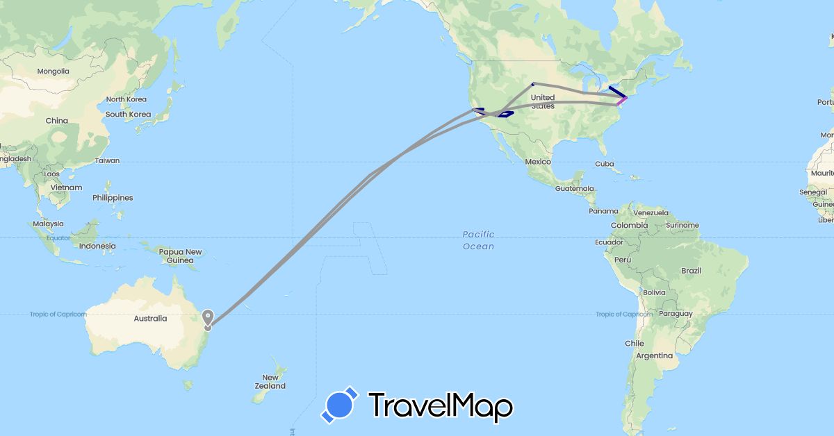 TravelMap itinerary: driving, plane, train in Australia, United States (North America, Oceania)